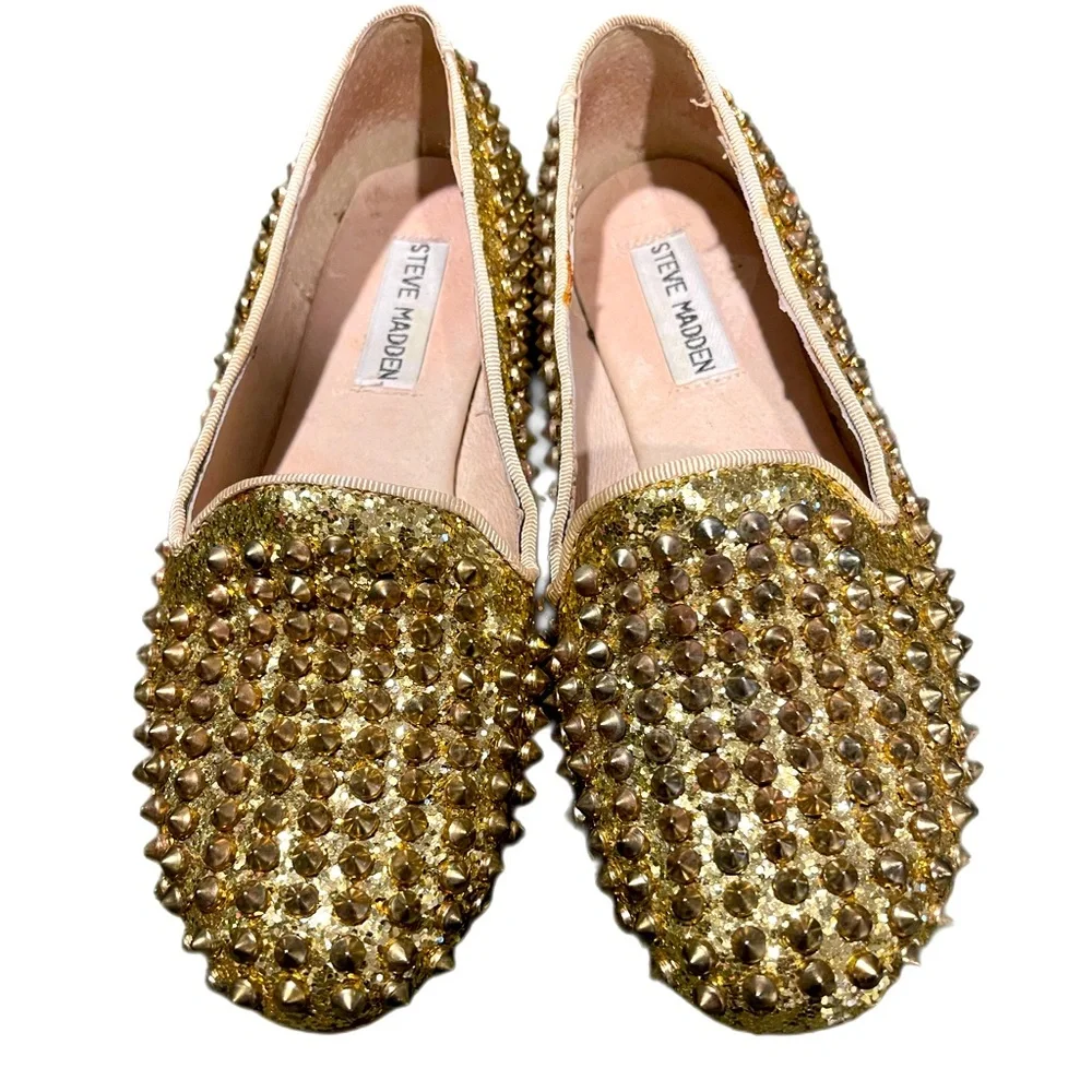 Steve Madden Gold Jeweled Studded Flats - Picture 1 of 3